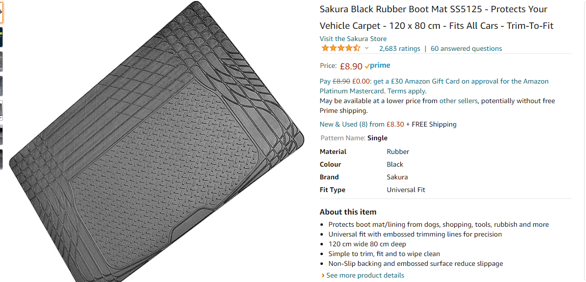  Sakura Black Rubber Boot Mat SS5125 - Protects Your Vehicle  Carpet - 120 x 80 cm - Fits All Cars - Trim-to-Fit : Automotive